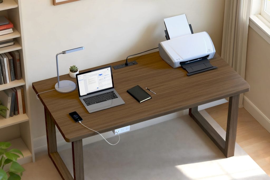 Office setup with printer, laptop, power docks, and lamp on table